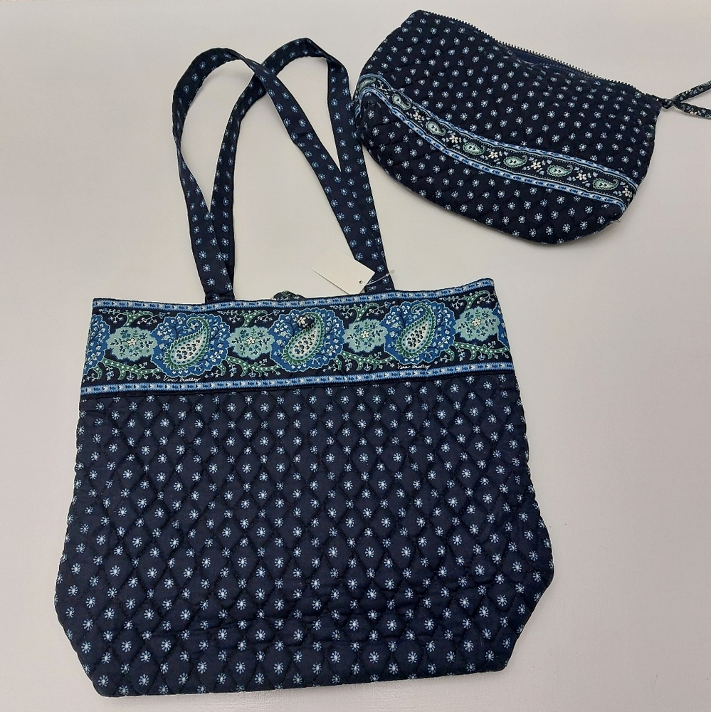 Vera Bradley Vintage Button Tote & Large Cosmetic Seaport Navy NWT